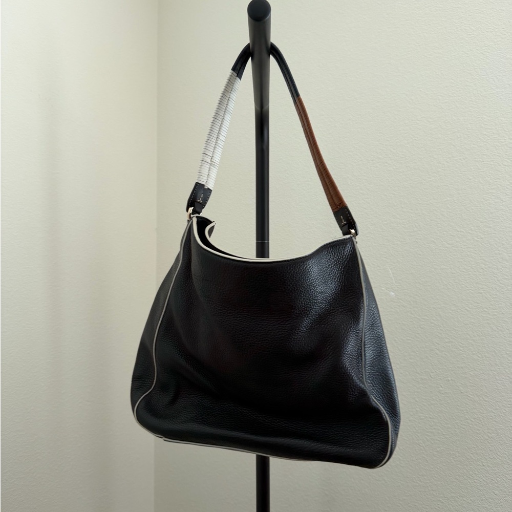 Tory Burch Berkeley Hobo Black Pebbled Leather White Trim Shoulder Bag - Picture 7 of 10